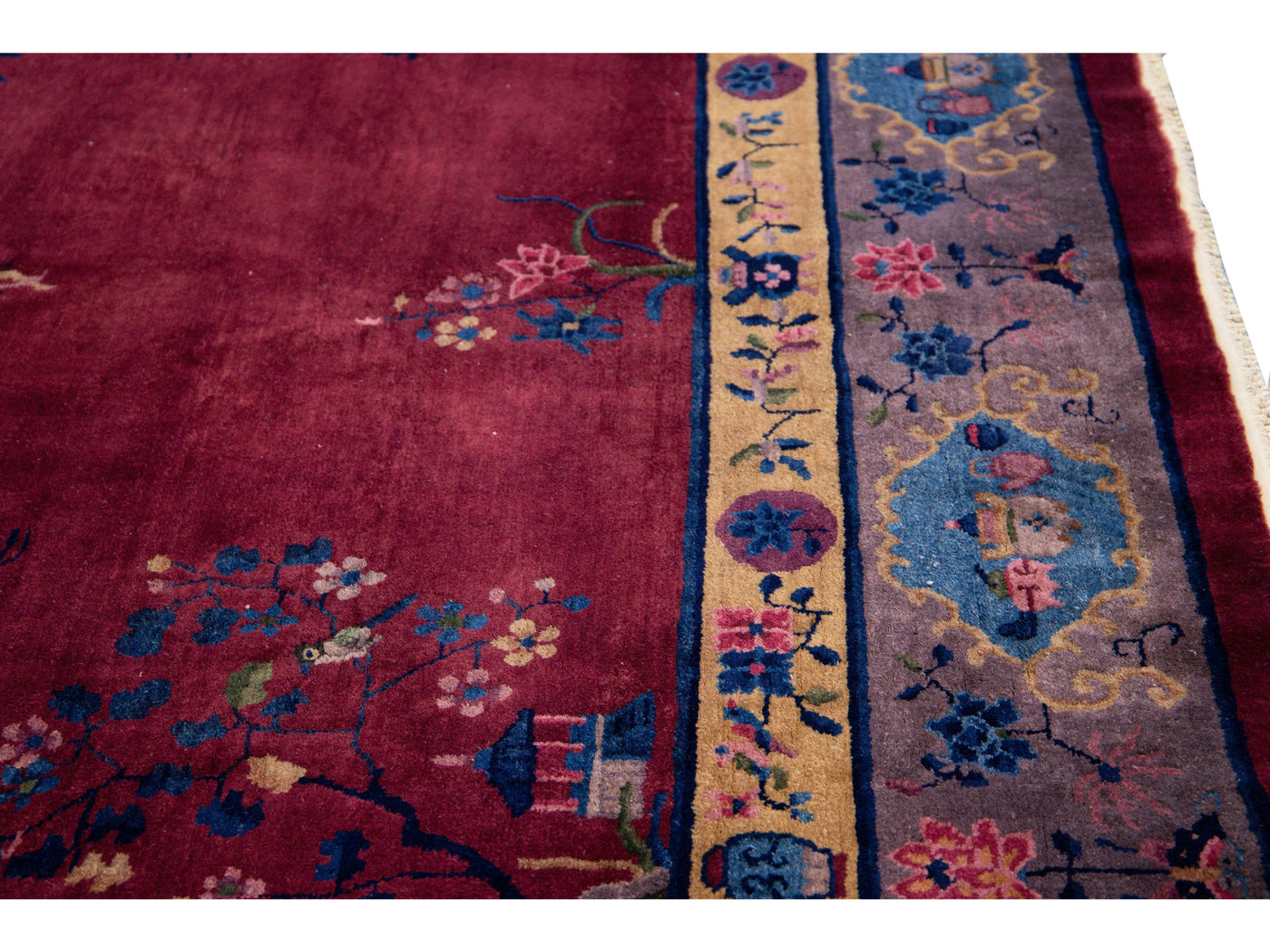 Antique Peking Handmade Chinese Floral Designed Burgundy Wool Rug