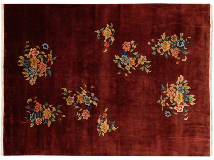 Antique Art Deco Chinese Handmade Red Wool Rug