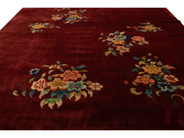 Antique Art Deco Chinese Handmade Red Wool Rug