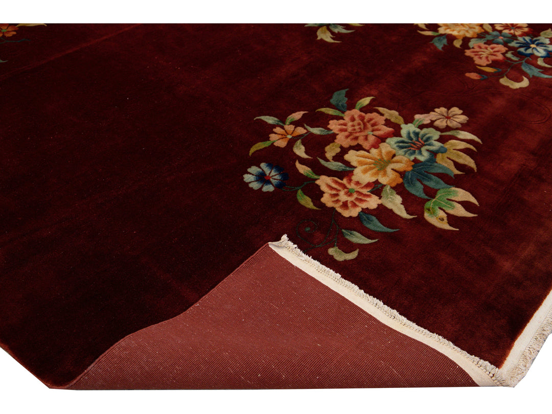 Antique Art Deco Chinese Handmade Red Wool Rug