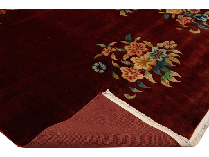 Antique Art Deco Chinese Handmade Red Wool Rug
