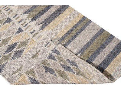 Modern Swedish Style Beige Handmade Geometric Abstract Long Wool Runner