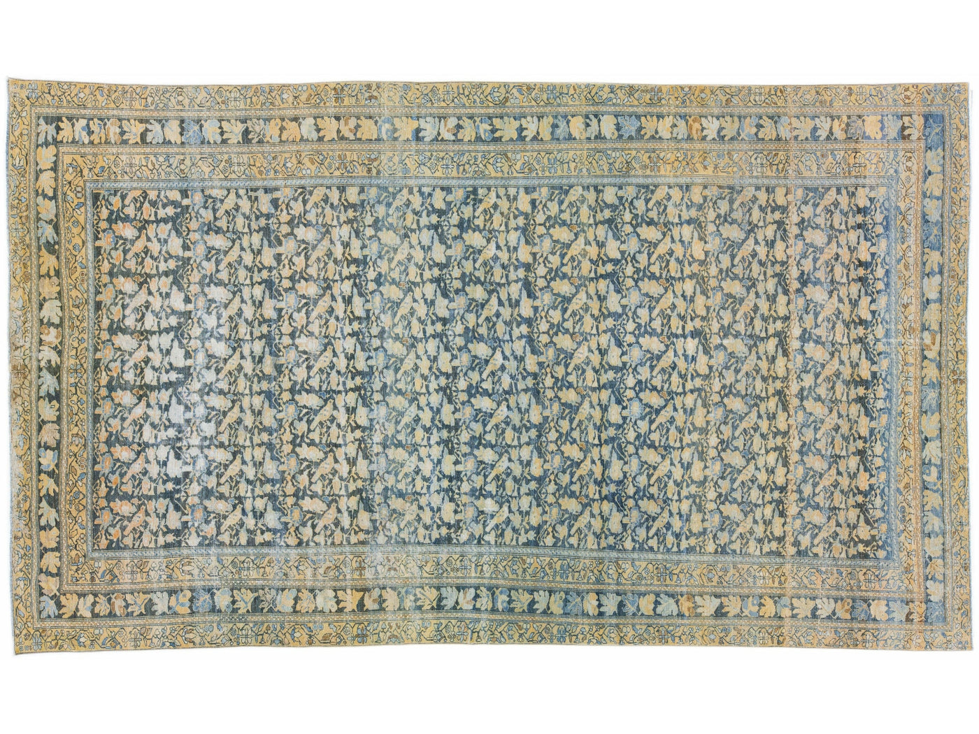 Antique Sarouk Farahan Persian Blue Handmade Floral Motif Wool Rug