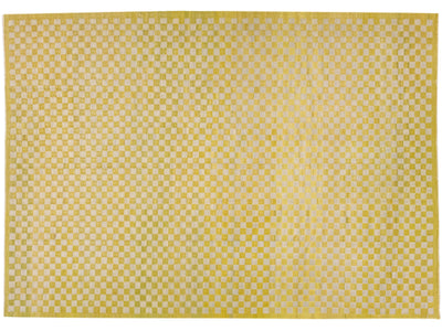 Modern Kilim Yellow Handmade Wool Rug With Checker Motif
