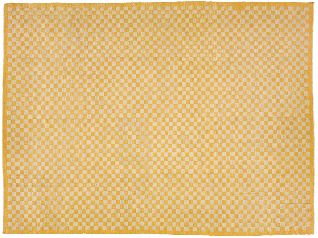 Modern Kilim Handmade Wool Rug With a Goldenrod Checker Pattern