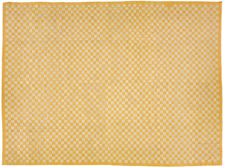 Modern Kilim Handmade Wool Rug With a Goldenrod Checker Pattern
