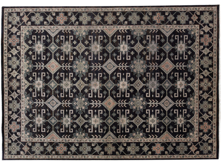 Modern Turkish Oushak Handmade Charcoal Wool Rug With Geometric Design
