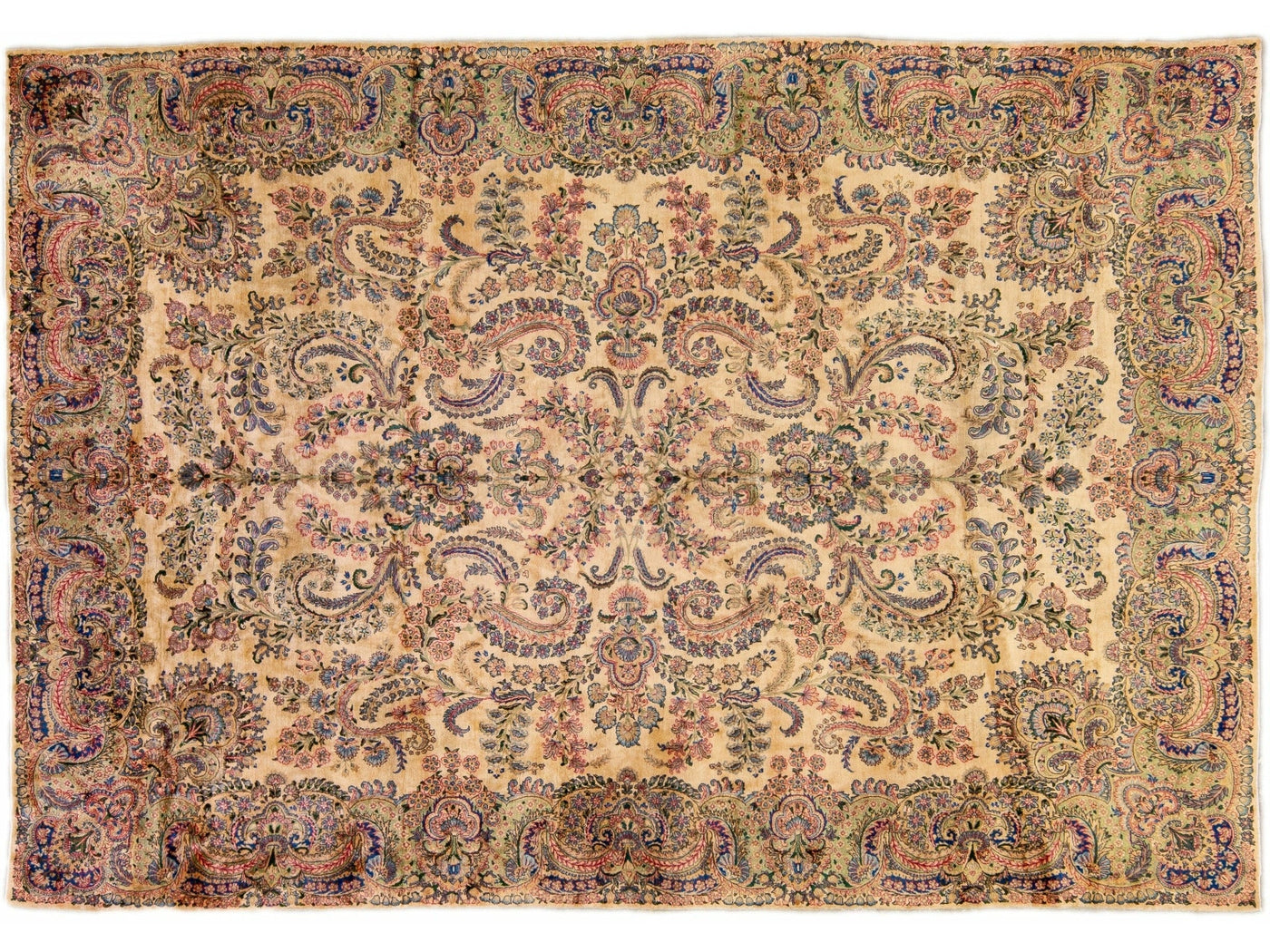 Tan Antique Kerman Handmade Allover Floral Designed Wool Rug