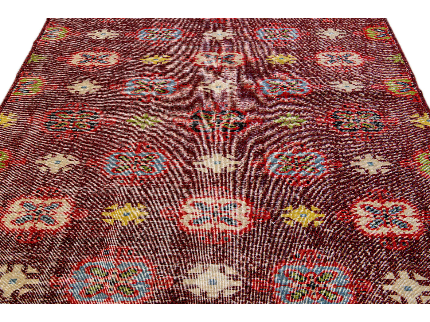 Vintage Turkish Deco Handmade Floral Pattern Burgundy Wool Rug