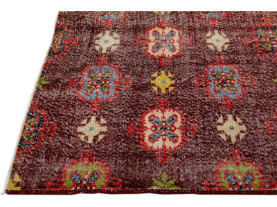 Vintage Turkish Deco Handmade Floral Pattern Burgundy Wool Rug