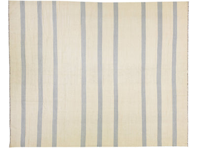 Modern Kilim Flat-Weave Beige Oversize Wool Rug with Stripe Design