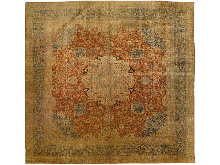 Vintage Mashad Handmade Rust Square Persian Wool Rug with Medallion Design