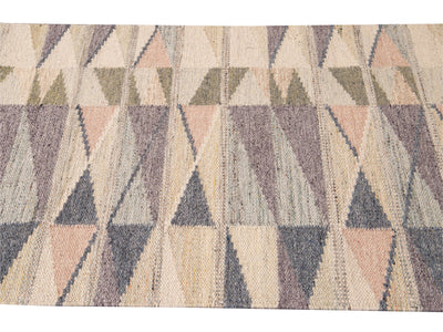Modern Swedish Style Handmade Geometric Long Multicolor Wool Runner