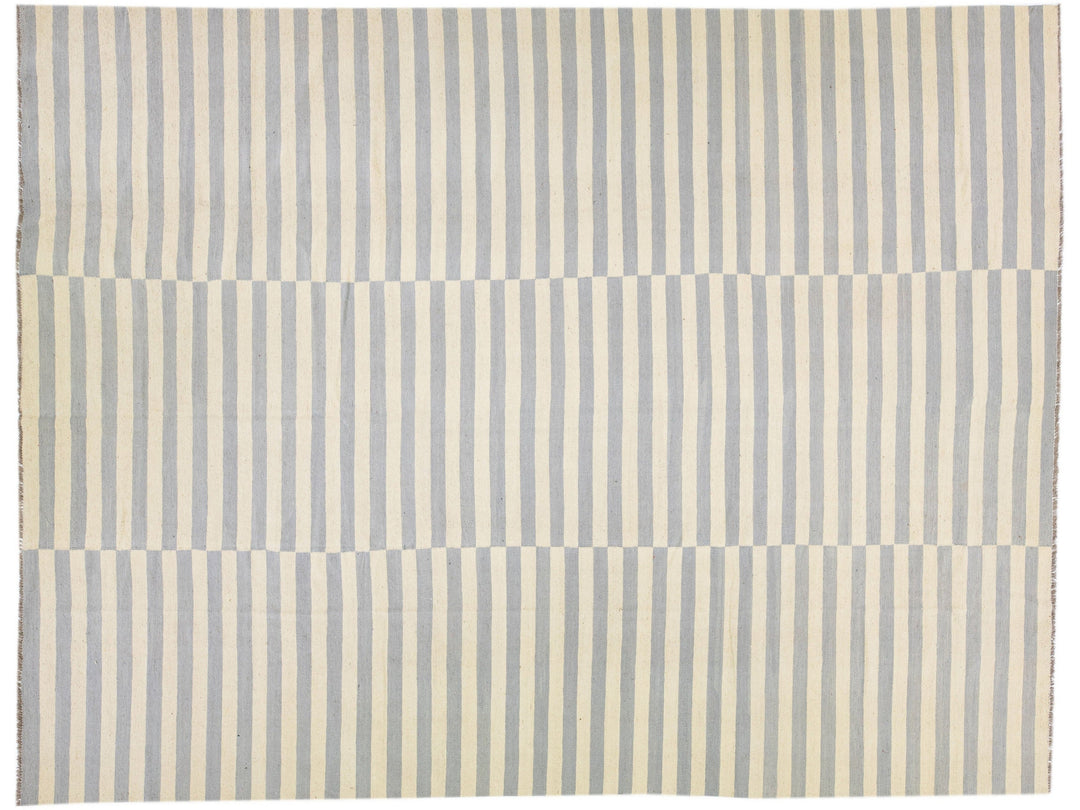 Beige Modern Kilim Flat-Weave Oversize Wool Rug With Allover Pattern
