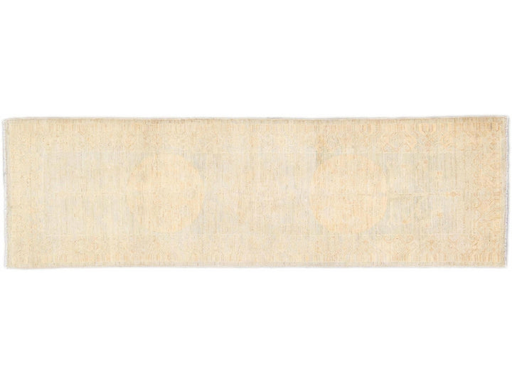 Modern Khotan Handmade Geometric Motif Blue and Beige Wool Runner