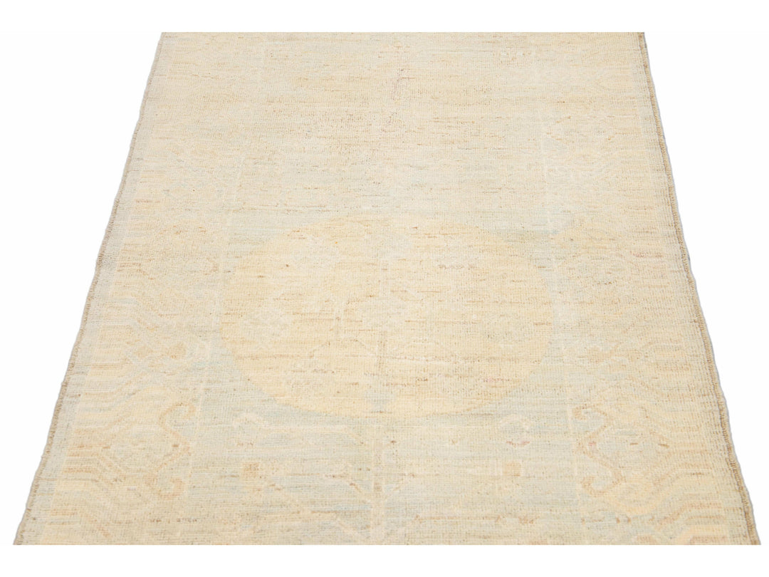 Modern Khotan Handmade Geometric Motif Blue and Beige Wool Runner