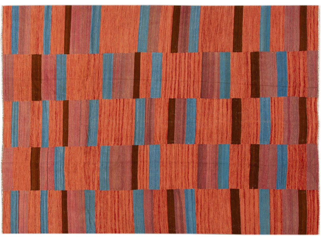 Modern Kilim Flatweave Orange Geometric Abstract Wool Rug