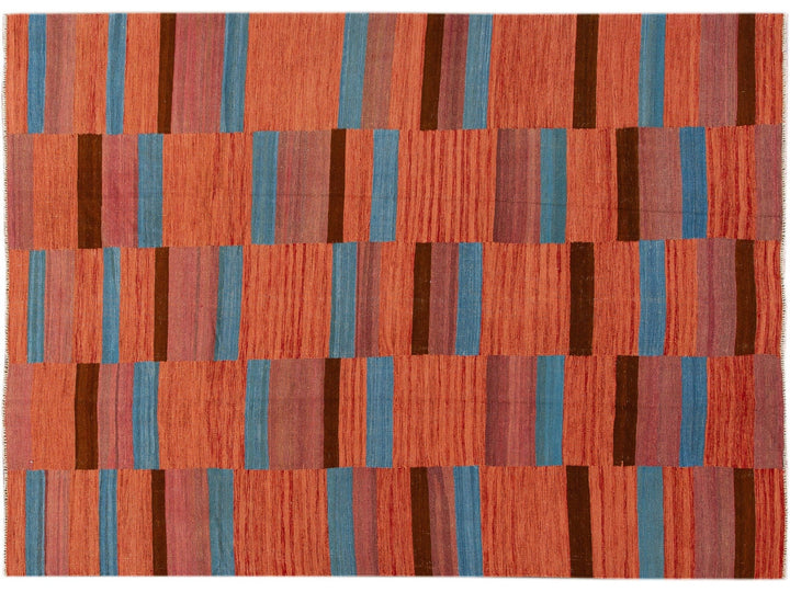 Modern Kilim Flatweave Orange Geometric Abstract Wool Rug