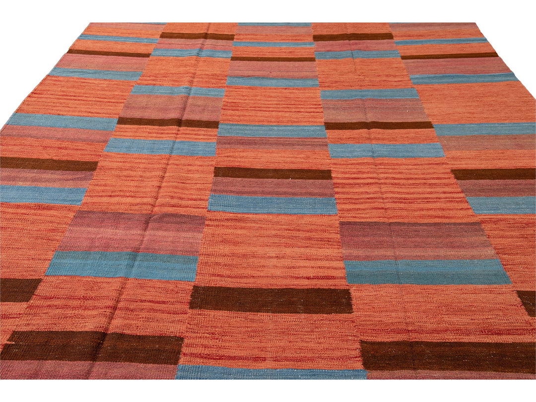 Modern Kilim Flatweave Orange Geometric Abstract Wool Rug