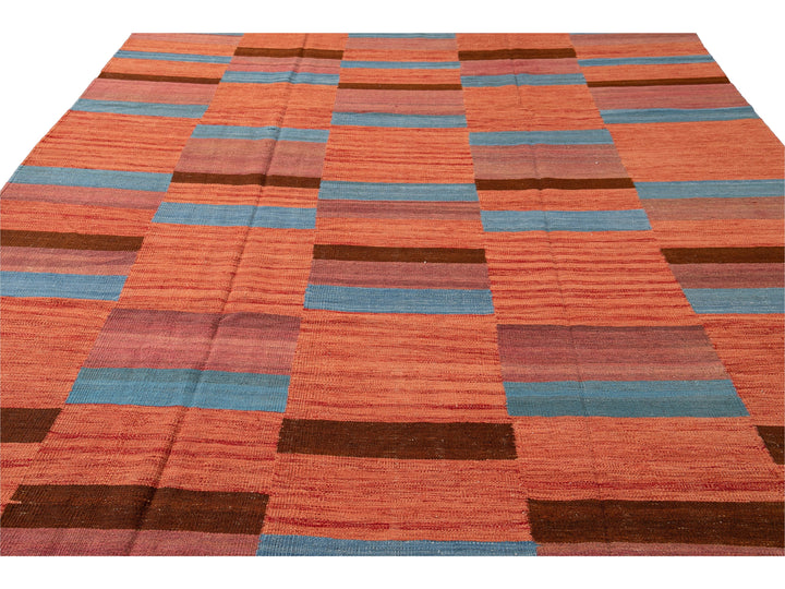 Modern Kilim Flatweave Orange Geometric Abstract Wool Rug