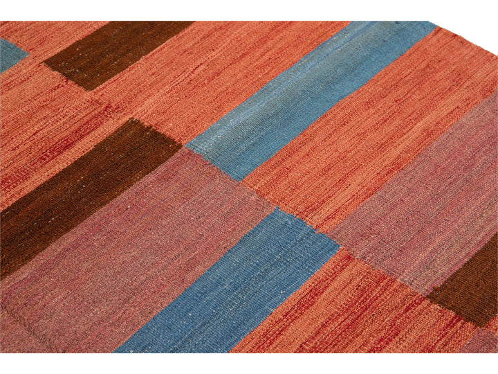 Modern Kilim Flatweave Orange Geometric Abstract Wool Rug