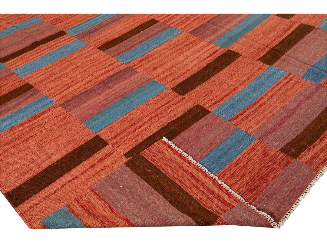 Modern Kilim Flatweave Orange Geometric Abstract Wool Rug