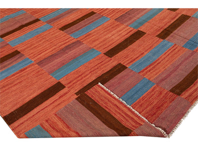 Modern Kilim Flatweave Orange Geometric Abstract Wool Rug