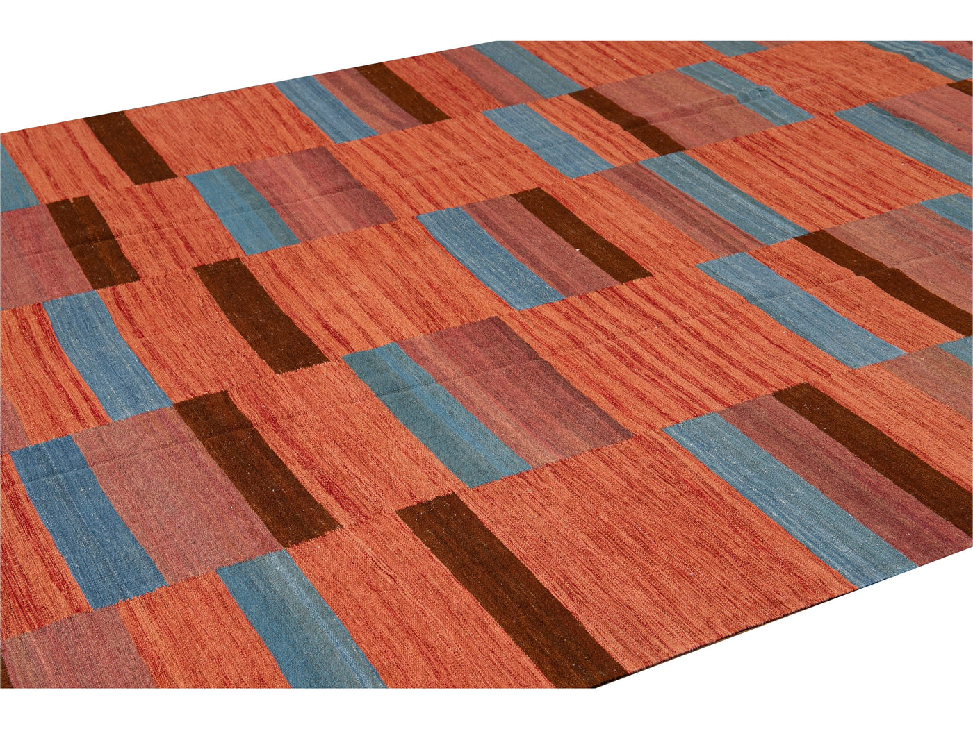 Modern Kilim Flatweave Orange Geometric Abstract Wool Rug