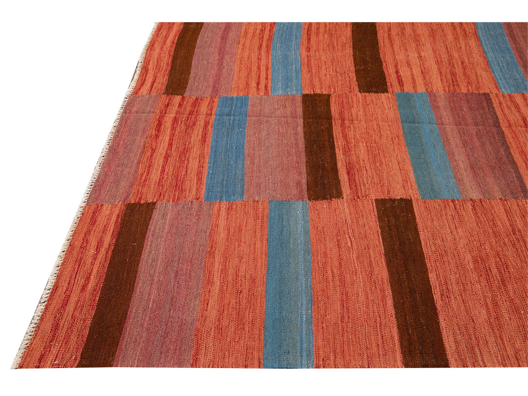 Modern Kilim Flatweave Orange Geometric Abstract Wool Rug