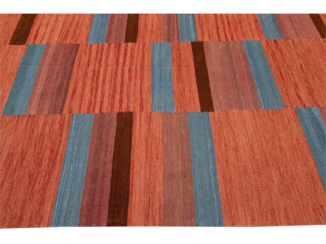 Modern Kilim Flatweave Orange Geometric Abstract Wool Rug