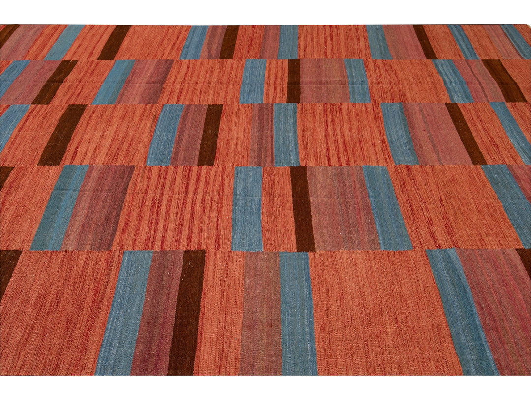 Modern Kilim Flatweave Orange Geometric Abstract Wool Rug