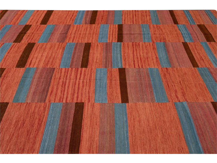 Modern Kilim Flatweave Orange Geometric Abstract Wool Rug