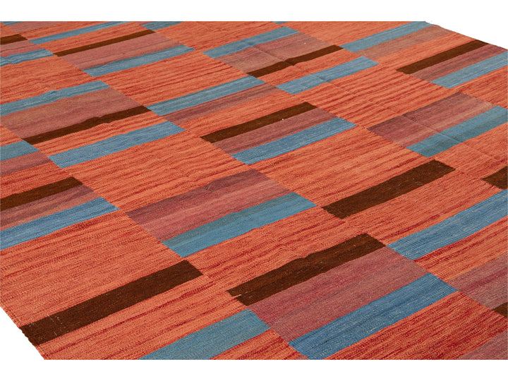 Modern Kilim Flatweave Orange Geometric Abstract Wool Rug