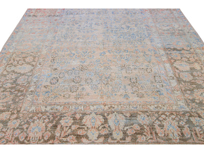 Antique Malayer Handmade Blue and Peach Floral Wool Rug