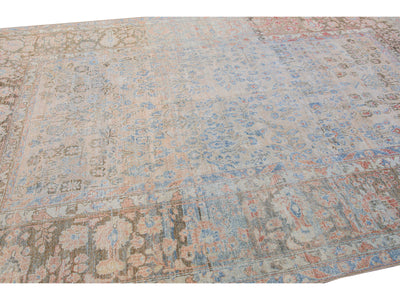 Antique Malayer Handmade Blue and Peach Floral Wool Rug