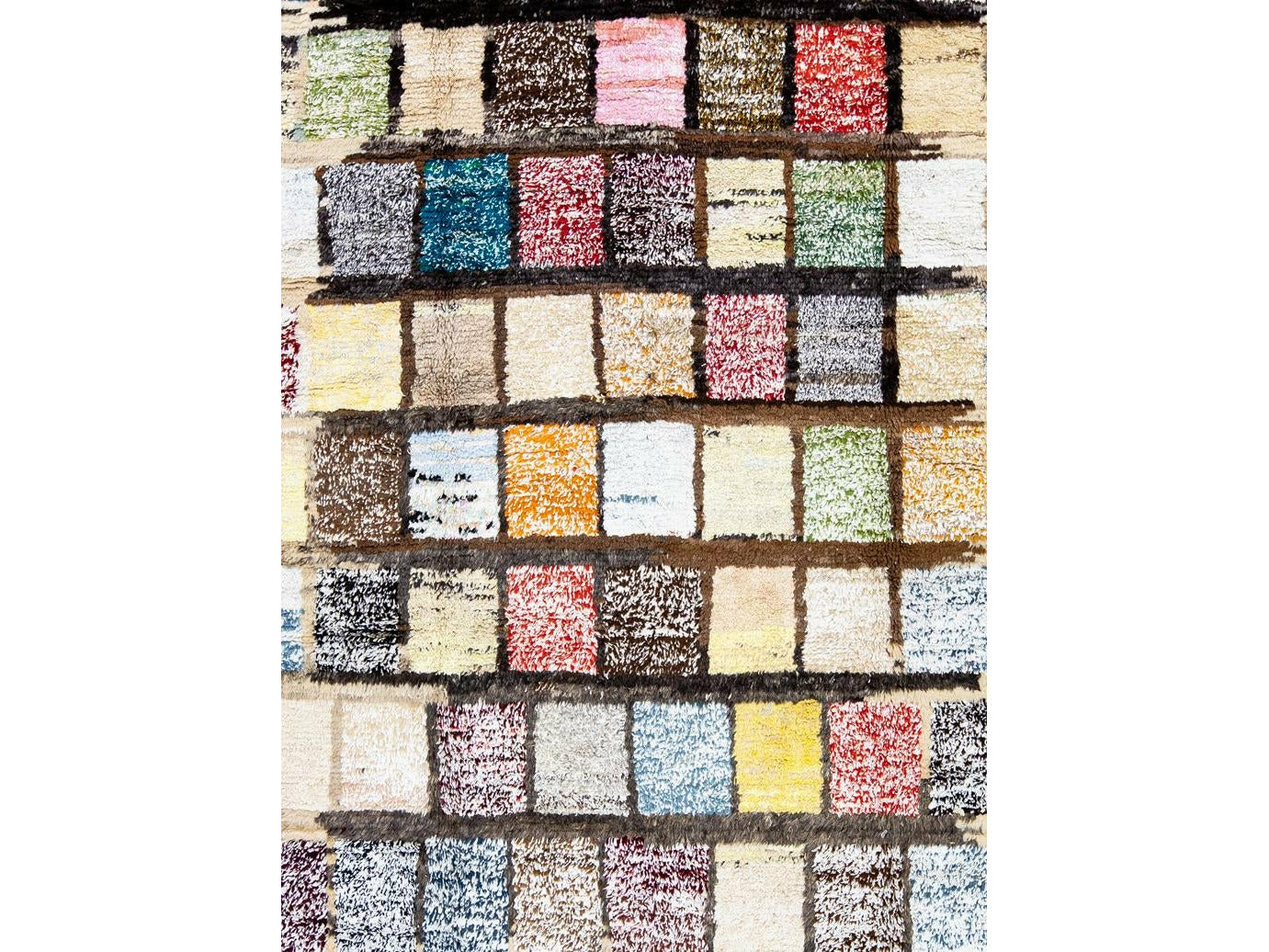 Modern Turkish Tulu Handmade Multicolor Square Pattern Beige Wool Rug