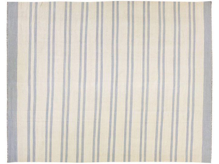 Modern Kilim Flat-Weave Beige & Gray Oversize Wool Rug With Greometric Pattern