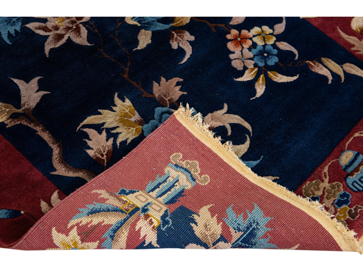 Navy Blue Antique Art Deco Handmade Floral Chinese Wool Runner