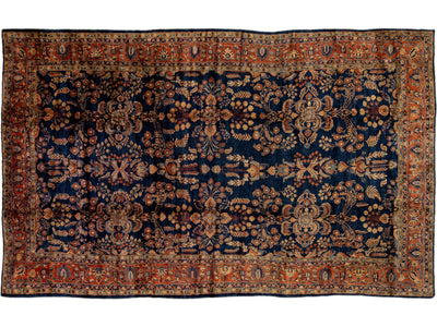 Antique Persian Sarouk Farahan Handmade Floral Motif Oversize Navy Blue Wool Rug