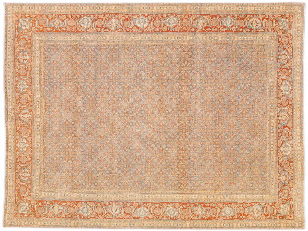 Antique Tabriz Handmade Allover Designed Blue And Rust Persian Wool Rug