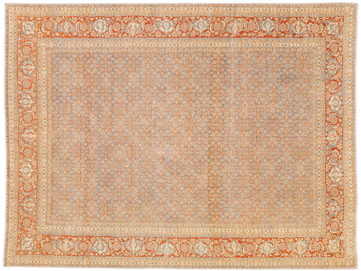 Antique Tabriz Handmade Allover Designed Blue And Rust Persian Wool Rug