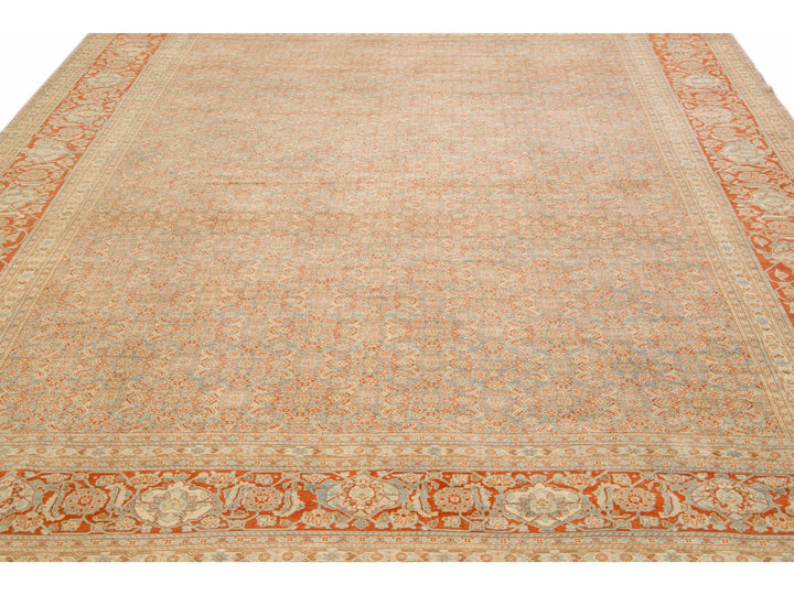 Antique Tabriz Handmade Allover Designed Blue And Rust Persian Wool Rug