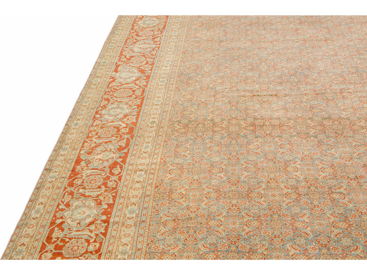 Antique Tabriz Handmade Allover Designed Blue And Rust Persian Wool Rug