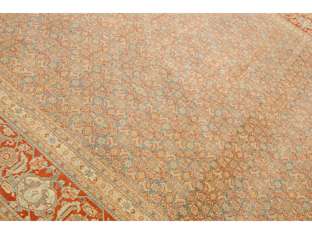 Antique Tabriz Handmade Allover Designed Blue And Rust Persian Wool Rug