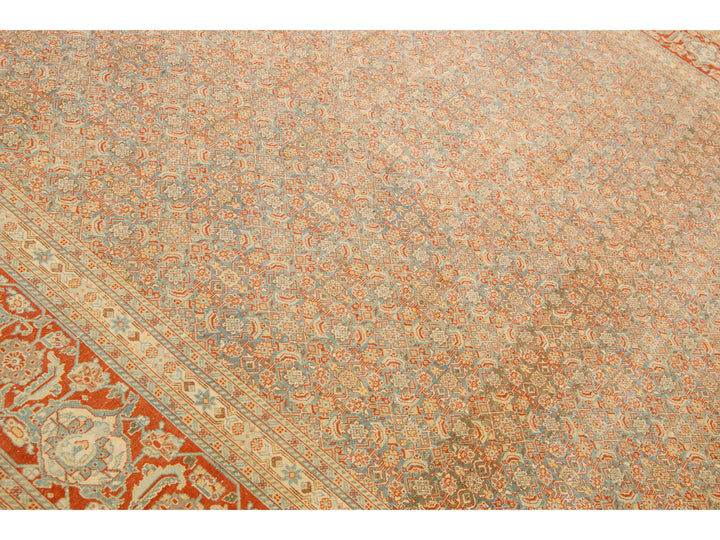 Antique Tabriz Handmade Allover Designed Blue And Rust Persian Wool Rug