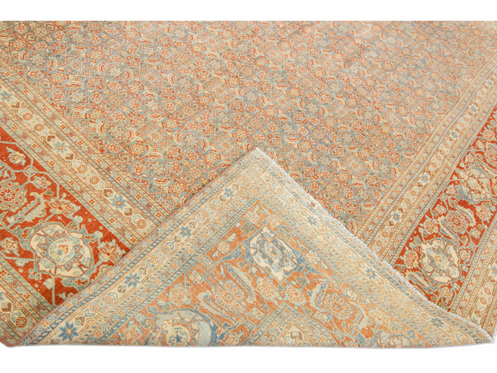 Antique Tabriz Handmade Allover Designed Blue And Rust Persian Wool Rug