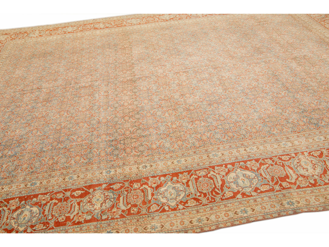 Antique Tabriz Handmade Allover Designed Blue And Rust Persian Wool Rug