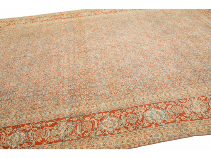 Antique Tabriz Handmade Allover Designed Blue And Rust Persian Wool Rug