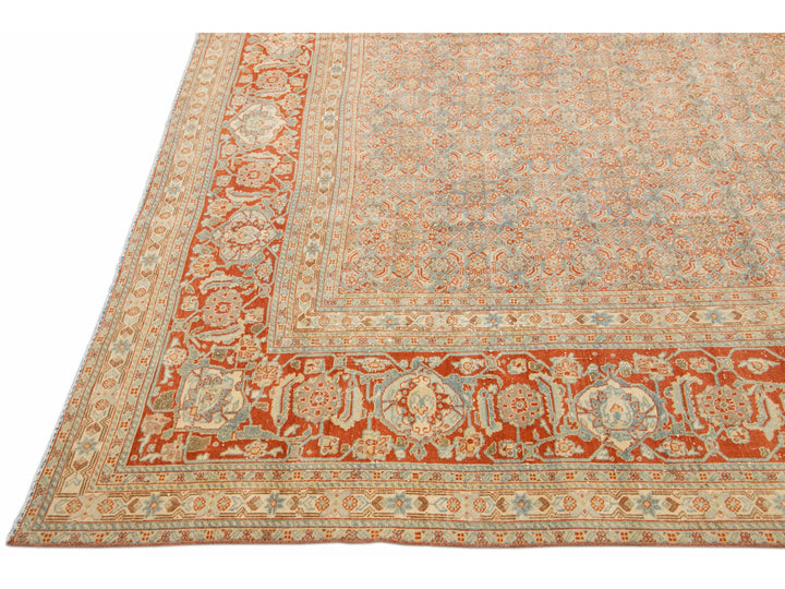 Antique Tabriz Handmade Allover Designed Blue And Rust Persian Wool Rug
