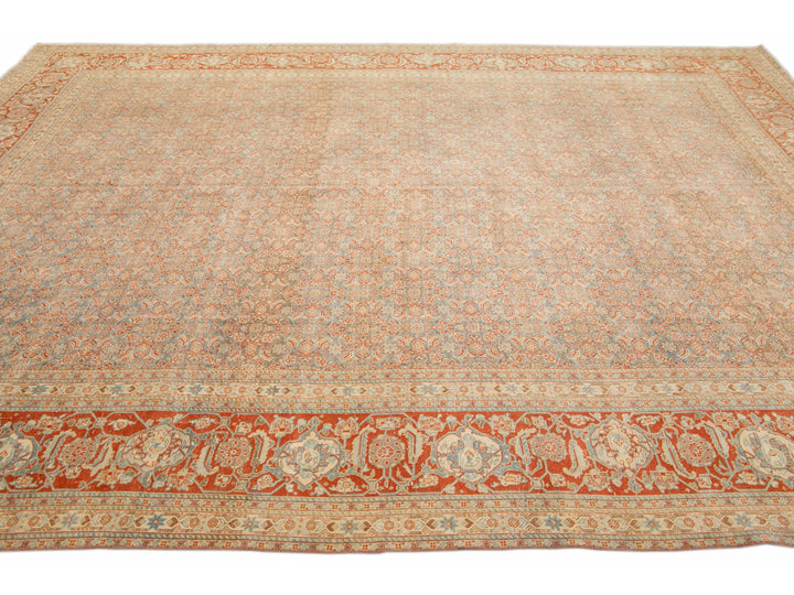Antique Tabriz Handmade Allover Designed Blue And Rust Persian Wool Rug